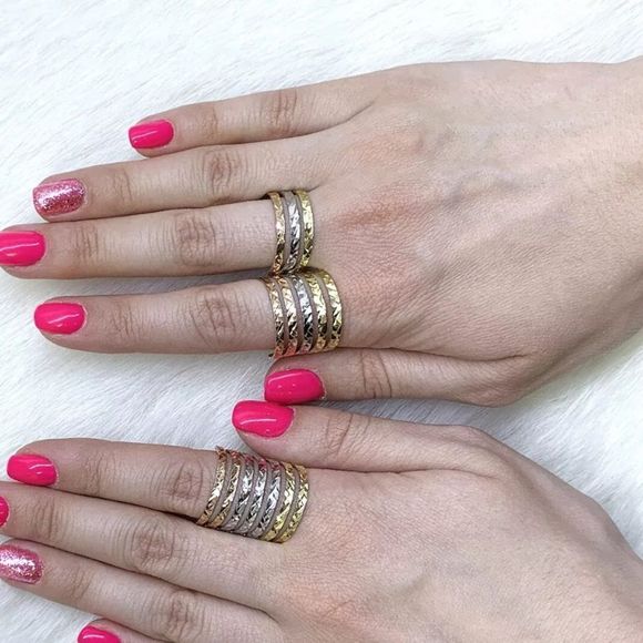 14K Tri Color Stacked Ring Band Set - Picture 1 of 3